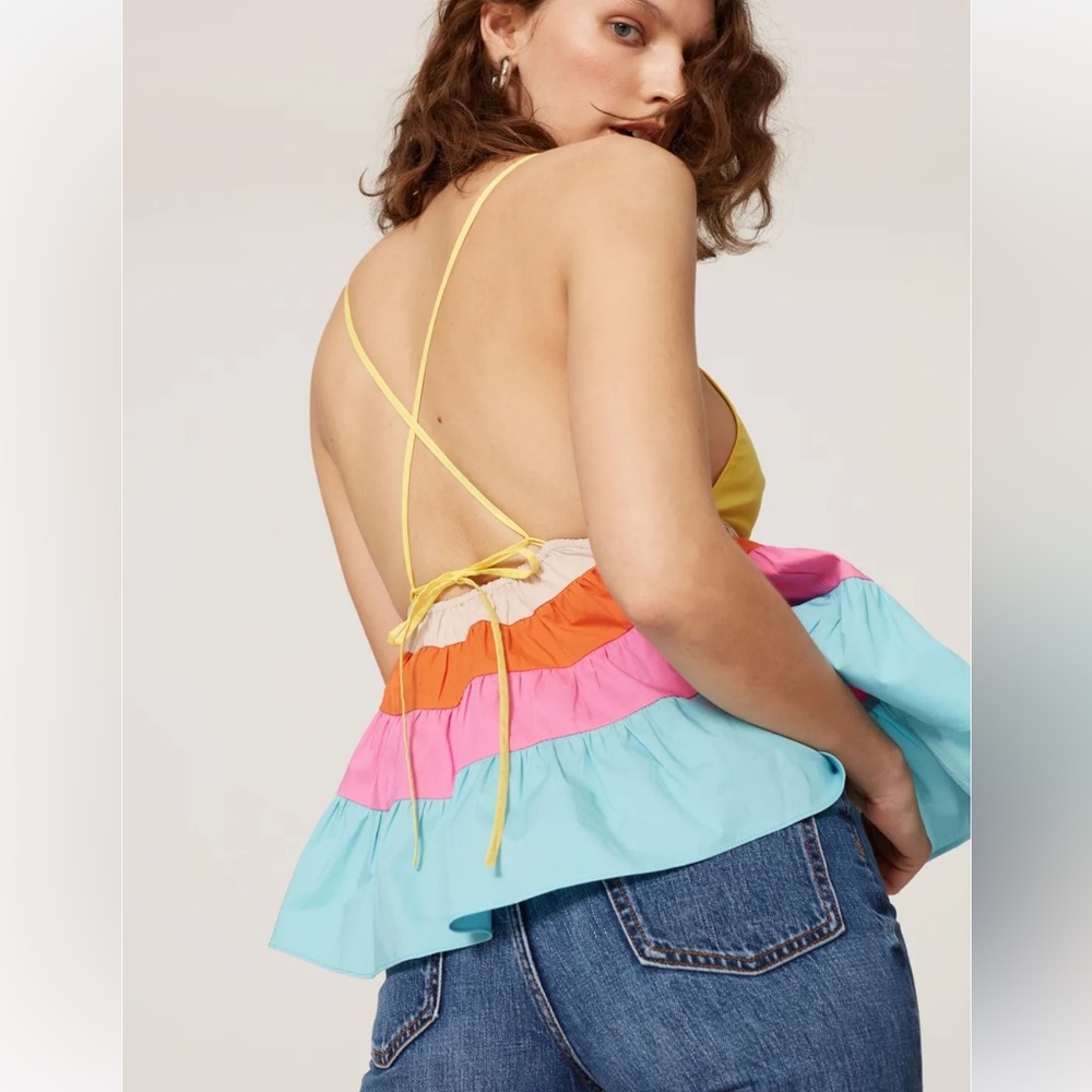 Staud Olympia Colorblock Spaghetti Strap Flowy Tank Top Multi Baby Blue Pink szM - Picture 3 of 14